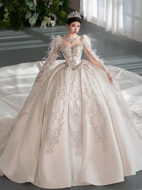 Majestic Ivory Wedding Dress Ball Gown Cold Shoulder Satin Wedding Dress Lace Medallion Regal Bridal Gown