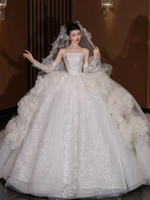 Grand Ivory Wedding Dress Ball Gown Strapless Feather Trim Wedding Dress Sparkle Sequin Couture Bridal Gown