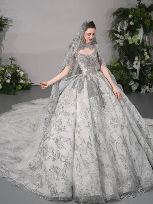 Sparkling Ivory Wedding Dress Ball Gown Spaghetti Strap Glitter Wedding Dress Full Lace Luxury Bridal Gown