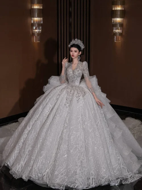 Radiant Ivory Wedding Dress Ball Gown Half Sleeve Sparkly Wedding Dress Sequin Embellished High End Bridal Gown