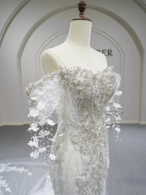 Stunning Ivory Wedding Dress Mermaid Sparkly Beaded Long Cape Wedding Dress Sweetheart Glamorous Bridal Gown