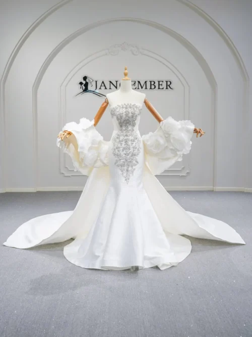 Sophisticated Ivory Wedding Dress Mermaid Satin Floral Shoulder Wedding Dress Beaded Sleek Formal Bridal Gown