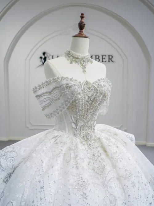 Radiant Ivory Wedding Dress Ball Gown Sparkly Sequin Half Sleeve Wedding Dress Heavy Beaded Princess Bridal Gown