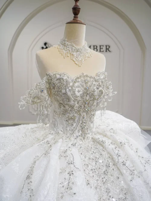 Exquisite Ivory Wedding Dress Ball Gown High Neck Lace Wedding Dress Beaded Bodice Sophisticated Bridal Gown