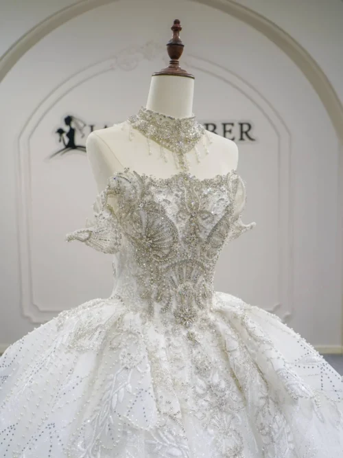 Opulent Ivory Wedding Dress Ball Gown Illusion Neck Glitter Wedding Dress Full Skirt Couture Bridal Gown