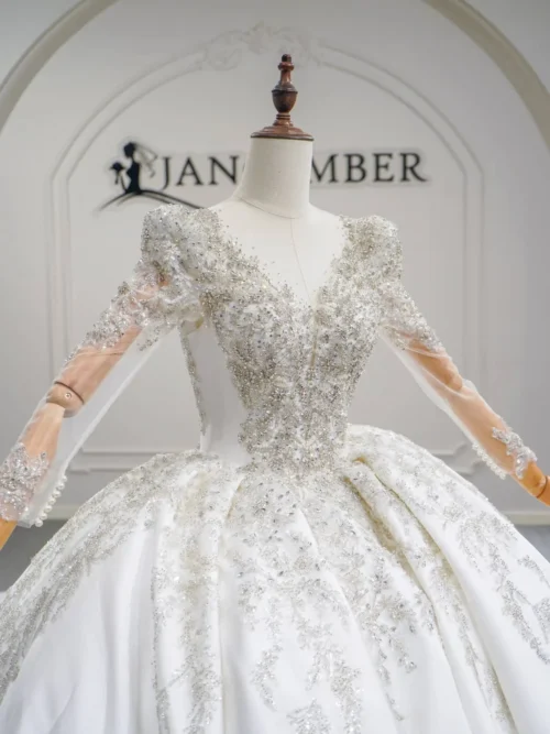 Luxury Ivory Wedding Dress Ball Gown Illusion Neck Long Sleeve Wedding Dress Lace Embroidery Classic Bridal Gown