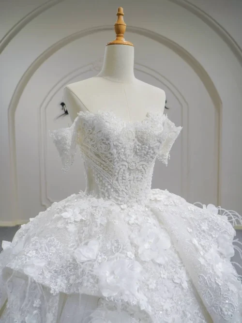 Radiant Ivory Wedding Dress Ball Gown Square Neck Satin Wedding Dress Beaded Bodice Shimmering Bridal Gown