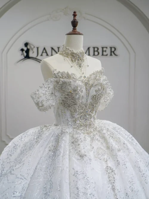 Grand Ivory Wedding Dress Ball Gown Illusion Sleeve Lace Wedding Dress Shimmering Embroidery Modern Bridal Gown