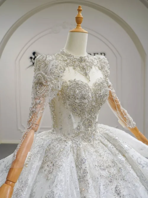 Royal Ivory Wedding Dress Ball Gown Mock Neck Glitter Wedding Dress Long Sleeve Couture High End Bridal Gown