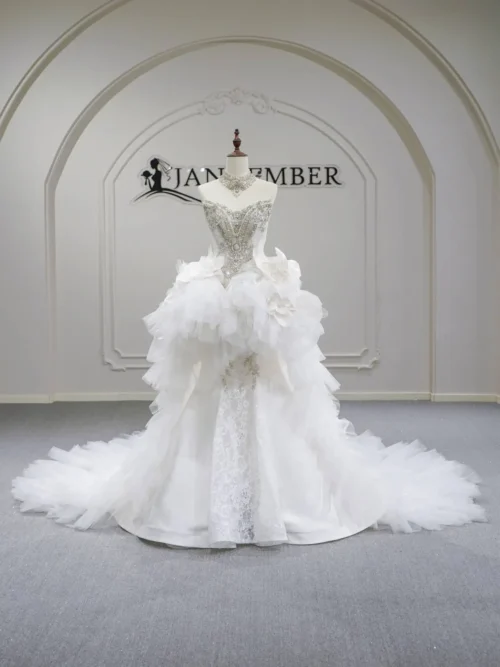 Stunning Ivory Wedding Dress Ball Gown High Neck Glitter Wedding Dress Beaded Bodice Shimmering Bridal Gown