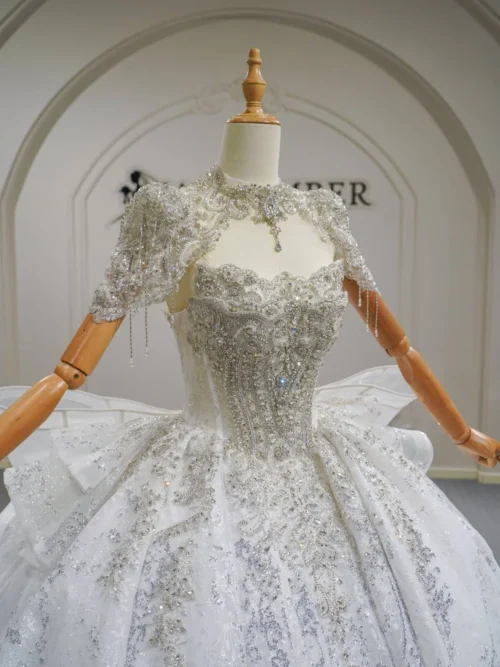 Stunning Ivory Wedding Dress Ball Gown High Neck Glitter Wedding Dress Beaded Bodice Shimmering Bridal Gown