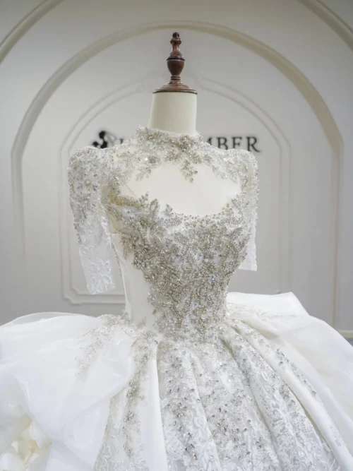 Grand Ivory Wedding Dress Ball Gown Mock Neck Sparkly Wedding Dress Sequin Cathedral Train Luxury Bridal Gown