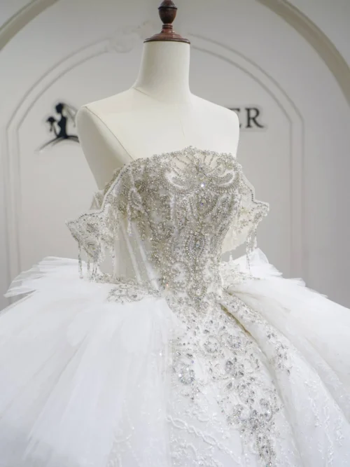 Royal Ivory Wedding Dress Ball Gown Illusion Sleeve Sparkly Wedding Dress Beaded Tulle Couture High End Bridal Gown