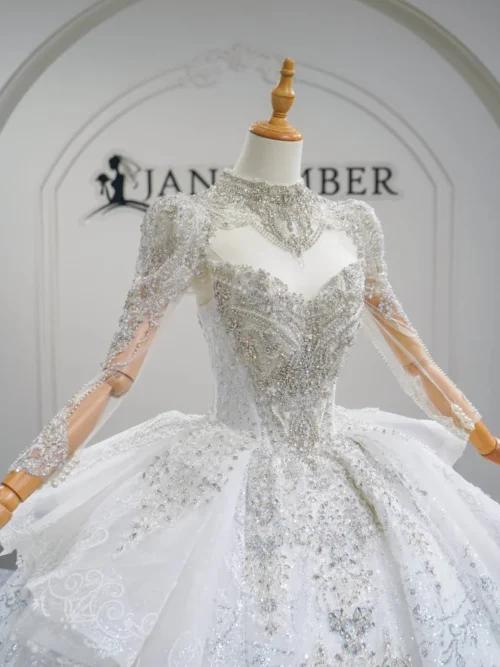 Stunning Ivory Wedding Dress Ball Gown High Neck Glitter Wedding Dress Beaded Bodice Shimmering Bridal Gown