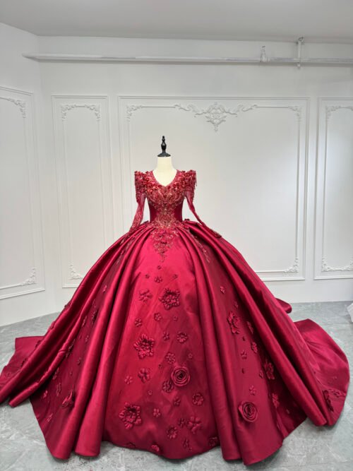 Elegant Dark Red Wedding Dress Long Sleeve V Neck Satin Embroidery Wedding Dress Classic A Line Ball Gown Formal Bridal Gown