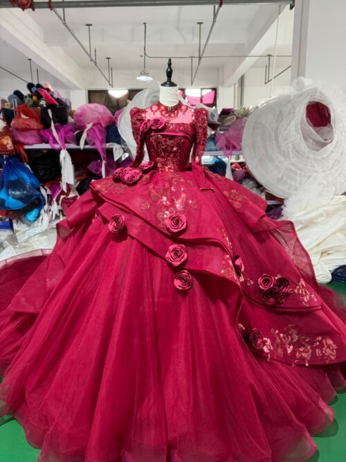 Romantic Wine Red Wedding Dress High Collar 3D Rose Flower Wedding Dress Asymmetric Layered Ball Gown Dramatic Bridal Gown