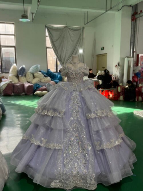 Romantic Pastel Purple Quinceanera Dress Cap Sleeve Layered Tulle Quinceanera Dress Sparkly Sequin Ball Gown Princess Party Gown