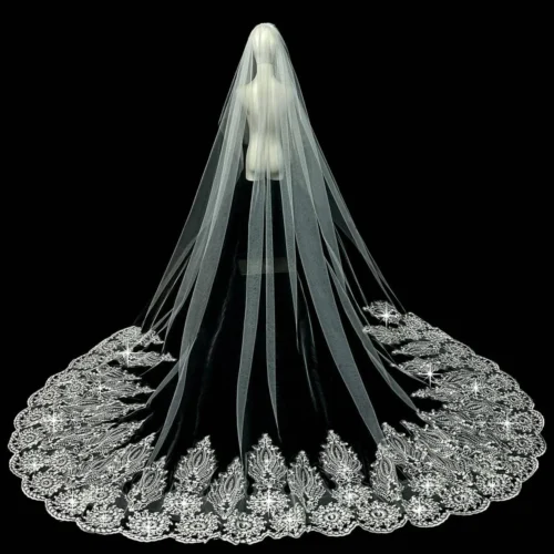 Elegant Ivory Veil Applique Lace Floral Wedding Veil Cathedral Length Bridal Accessories
