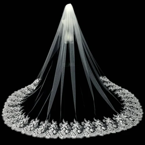 Fancy Ivory Veil Heavy Lace Border Wedding Veil Traditional Cathedral Bridal Accessories