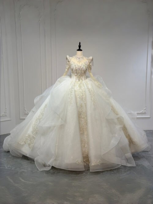 Stunning Ivory Wedding Dress High Neck Beaded Tassel Lace Wedding Dress Ruffle Tiered Ball Gown Glamorous Bridal Gown