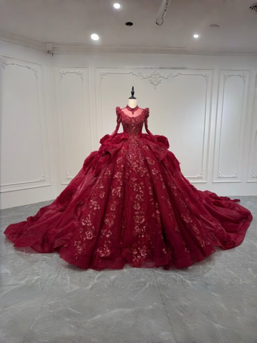 Exquisite Burgundy Wedding Dress Illusion Neck Long Sleeve Sequin Wedding Dress Voluminous Tulle Ball Gown Vintage Bridal Gown