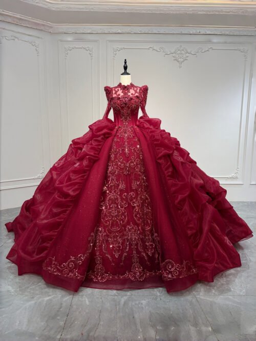 Luxury Burgundy Wedding Dress High Neck Long Sleeve Ruffle Wedding Dress Lace Applique Ball Gown Royal Bridal Gown