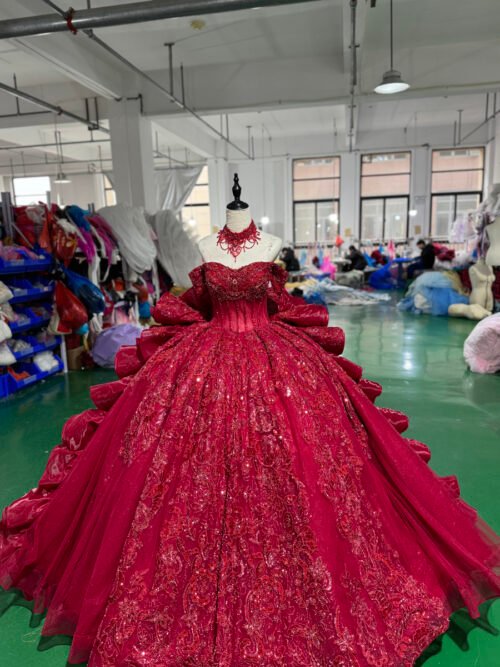 Radiant Dark Red Wedding Dress Off Shoulder Crystal Beaded Corset Wedding Dress Layered Tulle Ball Gown Dramatic Bridal Gown