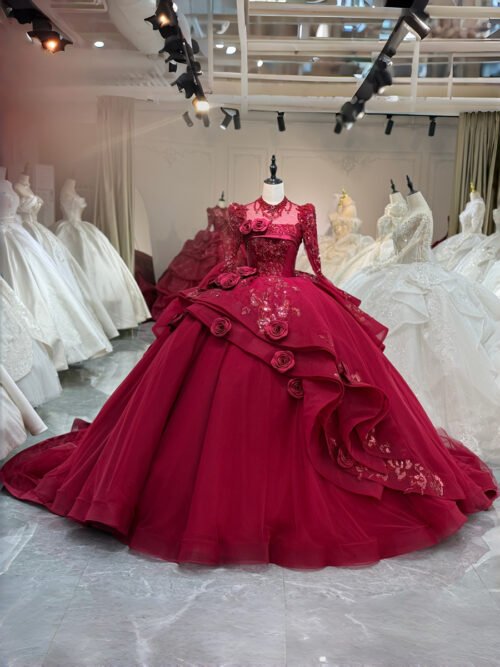 Romantic Wine Red Wedding Dress High Neck 3D Rose Flower Wedding Dress Asymmetric Layered Ball Gown Sophisticated Bridal Gown