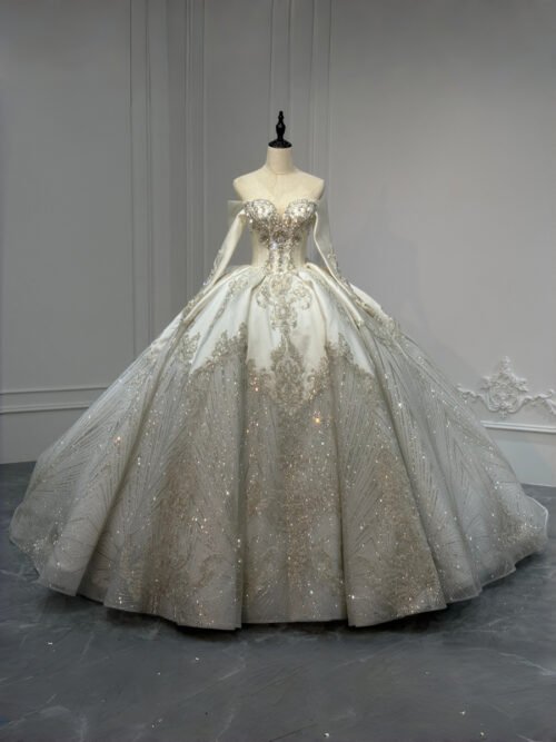 Chic Ivory Wedding Dress Long Sleeve Silver Sequin Embroidery Wedding Dress Satin Shimmer Ball Gown Modern Bridal Gown