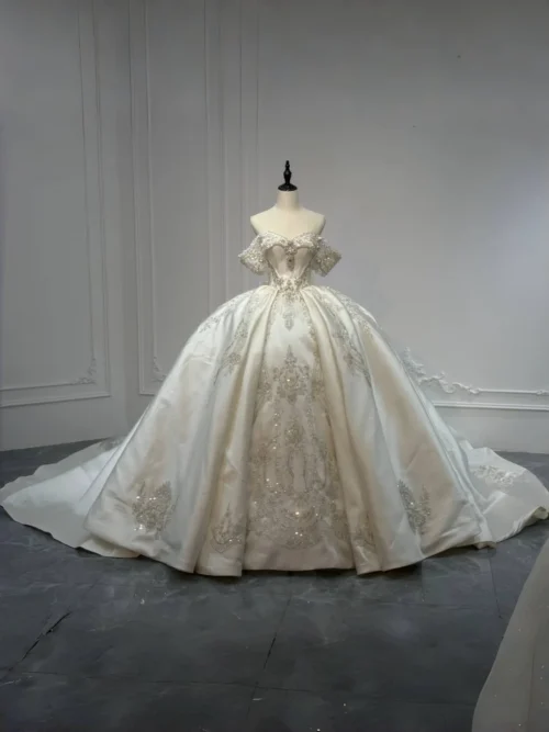 Sparkling Off Shoulder Royal Wedding Dress Satin Ball Gown Crystal Train 2 in 1 Bridal Gown