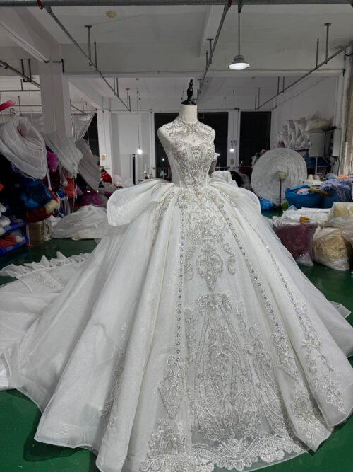 Deluxe Silver Ivory Wedding Dress High Neck Heavy Crystal Beaded Wedding Dress Royal Cathedral Train Ball Gown Opulent Bridal Gown