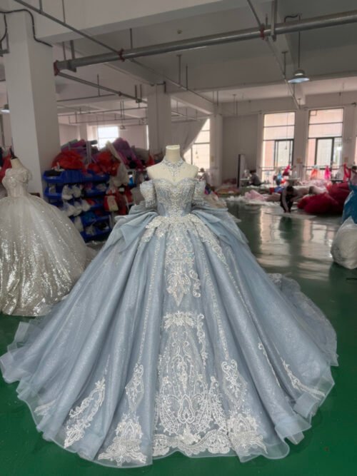 Gorgeous Gray Blue Quinceanera Dress Off Shoulder Embroidery Lace Quinceanera Dress Voluminous Tulle Ball Gown Elegant Evening Gown