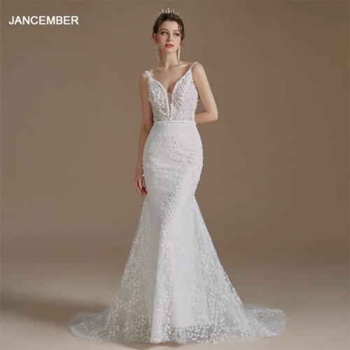 QW01295 Appliques Flower Boho Wedding Dress Scalloped Civil Bride Spaghetti Straps Dress Backless Romantic Wedding Dress عروس