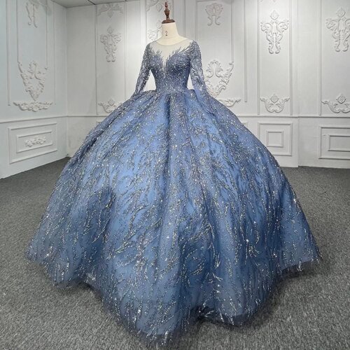 International Long Wedding Guest Dress Organza Ball Gown O-Neck Full Sleeves Evening Dresses Beading DY9965 Gece Elbiseleri