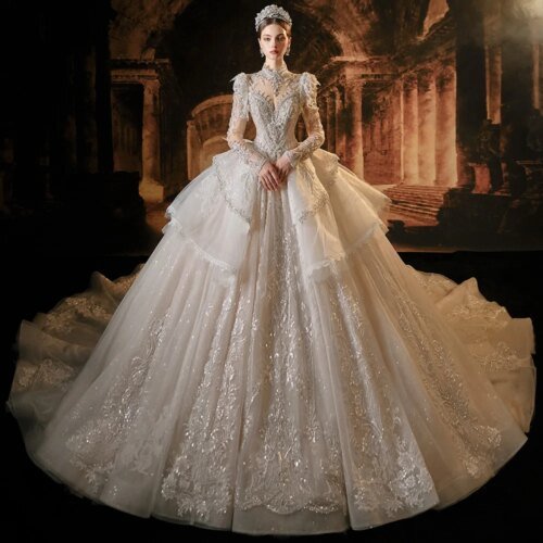 Jancember Elegant Romantic Wedding Dress 2024 High Neck Full Sleeves Embroidery Ruffles Backless Vestidos De Novia LSMX014