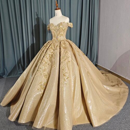 Jancember Organza Ball Gown Sweetheart Cap sleeve Sequined Lace Up Evening Dress Pleat Gold Tiptop Evening Gown DY6654