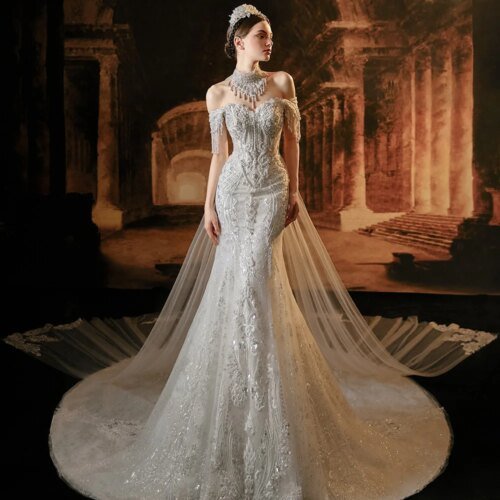 Jancember Stylish Elegant Wedding Dresses 2024 Mermaid Cap sleeve Tassel Beading Sweetheart Lace Up Vestido De Novia LSMX011