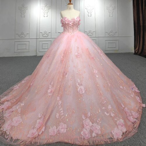 Quinceanera Dresses Ball Gown Flower Vestidos De 15 Años Pink Flowers Sequined DY9853 Lace Evening Party Dress 2022 Bar Mitzv