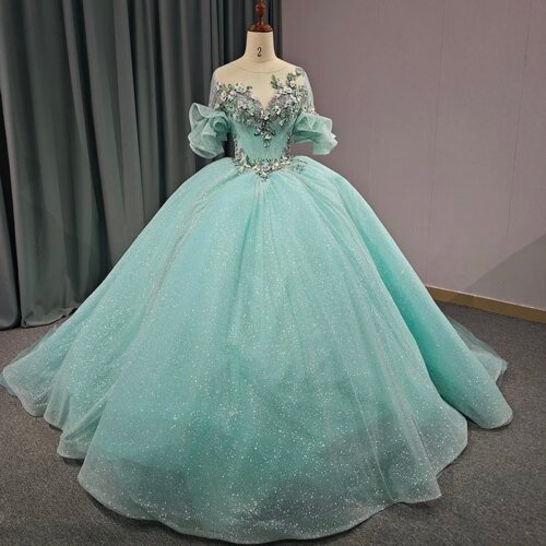 Quinceanera Dresses Popular Design Long One-piece Dress Gown Mesh Ball Gown O-Neck Short Sleeves DY6633 Appliques Lace Up