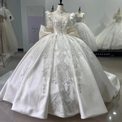Jancember Satin Square Collar Short Sleeves Embroidery Beading Bow Wedding Dress With Neck Accessories Vestido Noiva XS023
