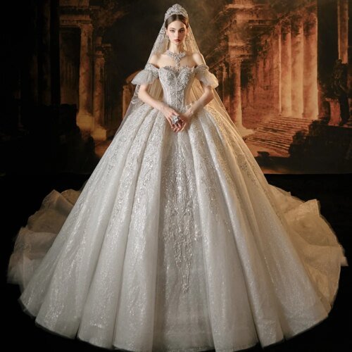 Jancember Gorgeous Romantic Wedding Dress Sequins Ball Gown O-Neck Short Sleeves Beading Pleat Vestidos De Novia LSMX003