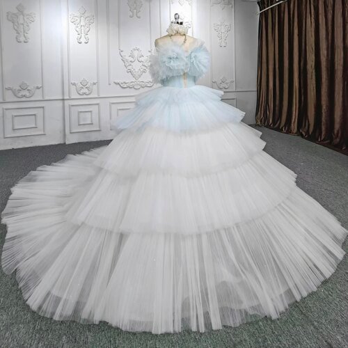 Elegant Quinceanera Dress White Ruffles Tired Organza Strapless Ball Gown Evening Dress 9933