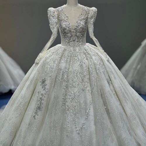 Jancember Romantic Wedding Dress V-neck Full Sleeves Puff Sleeves Beading Backless Wedding Suits For Women Suknia ślubna XS017