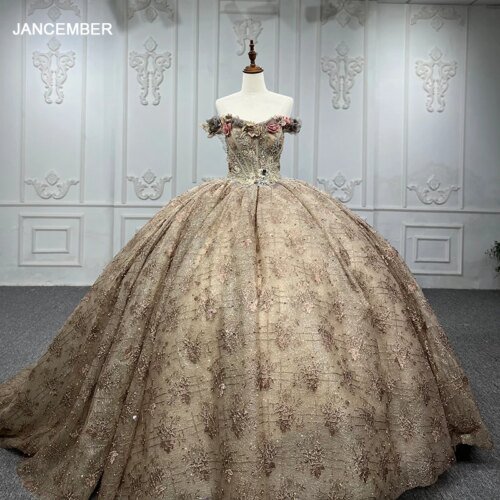 Quince Dresses Ball Gown Flower Gold Dress Off The Shoulder Lace Evening Dresses DY7334 Vestidos De 15 Anos