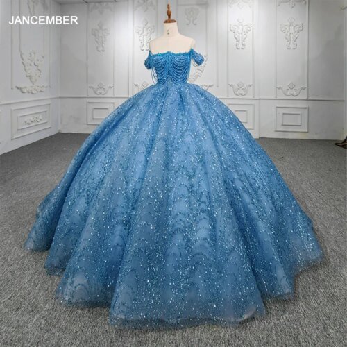 Stylish Blue Long Wedding Bridesmaid Dress Organza Ball Gown Strapless Evening Dresses Beading