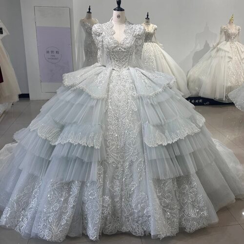 Jancember V-neck Backless Wedding Dresses Ball Gown Full Sleeves Beading Embroidery Tiered Elegant Bride Dresses Wedding XS022