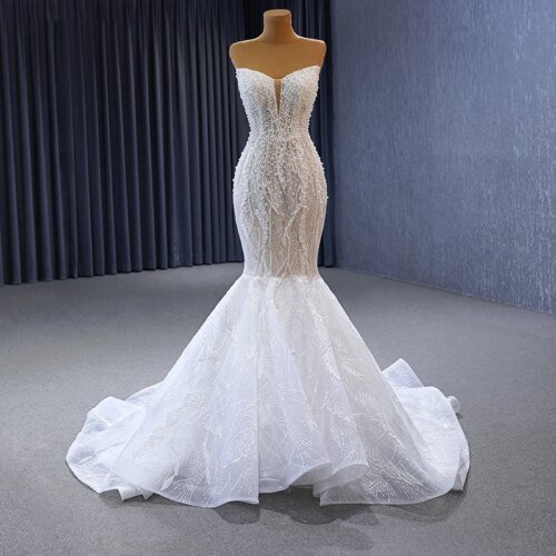 Simple Dresses For Women 2023 Organza Mermaid Strapless Wedding Dresses For Women Pearls Appliques RSM222129 Vestido De Noiva