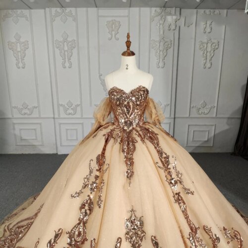 Quinceanera Dresses Ball Gown Flower Vestidos De 15 Años Gold Sweetheart Lace Sequined Evening Party Dress DY1111 Bar Mitzvah