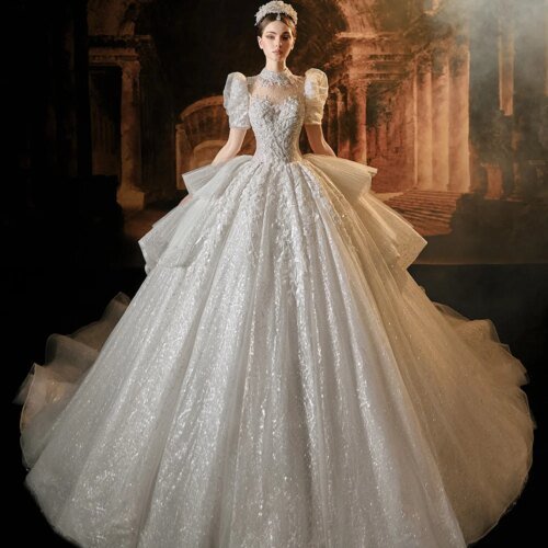 Jancember International Romantic Wedding Dresses Ball Gown O-Neck Short Sleeves Tiered Backless Vestidos De Novia LSMX015