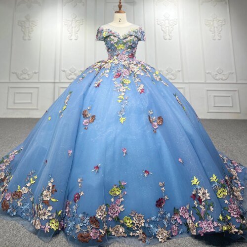 DY9942 Glitter Blue Sleeveless O-Neck Quinceanera Dresses Flowers Shiny Ball Gown Girl Birthday Party Prom Dress 2023 Bar Mitzv